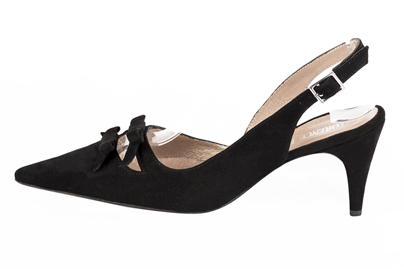 Matt black women's open back shoes, with a knot. Pointed toe. High slim heel. Profile view - Florence KOOIJMAN